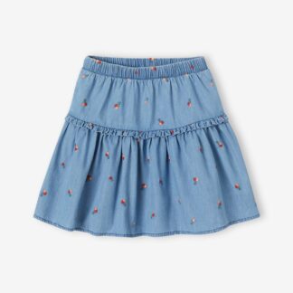 Light Denim Skirt with Embroidered Cherries, for Girls stone