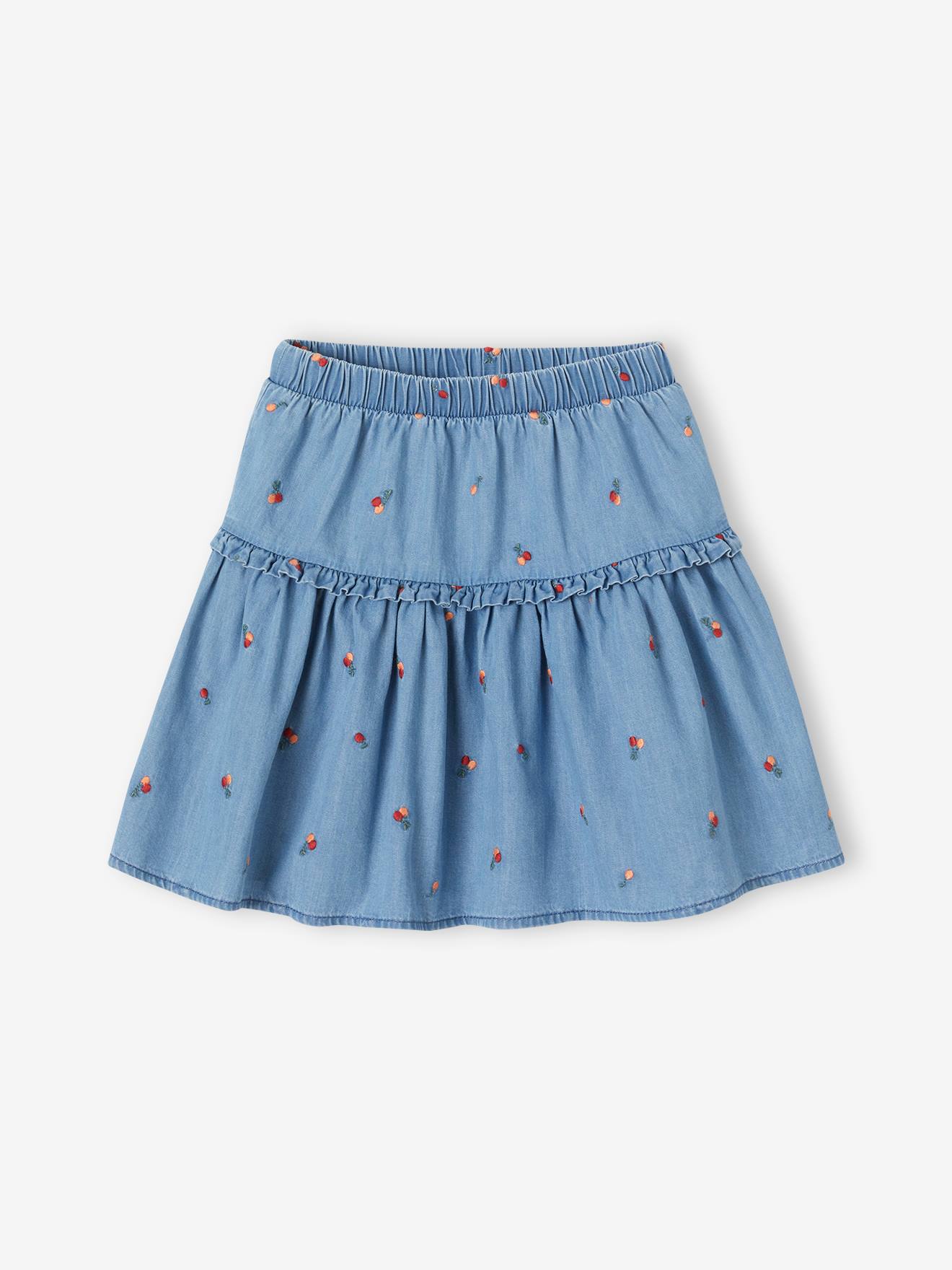 Light Denim Skirt with Embroidered Cherries, for Girls stone