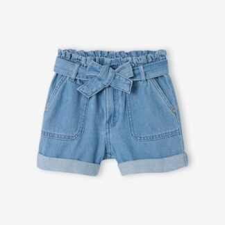 Light denim paperbag shorts for girls light blue