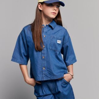 Lightweight denim girl's shirt and short set medium blue