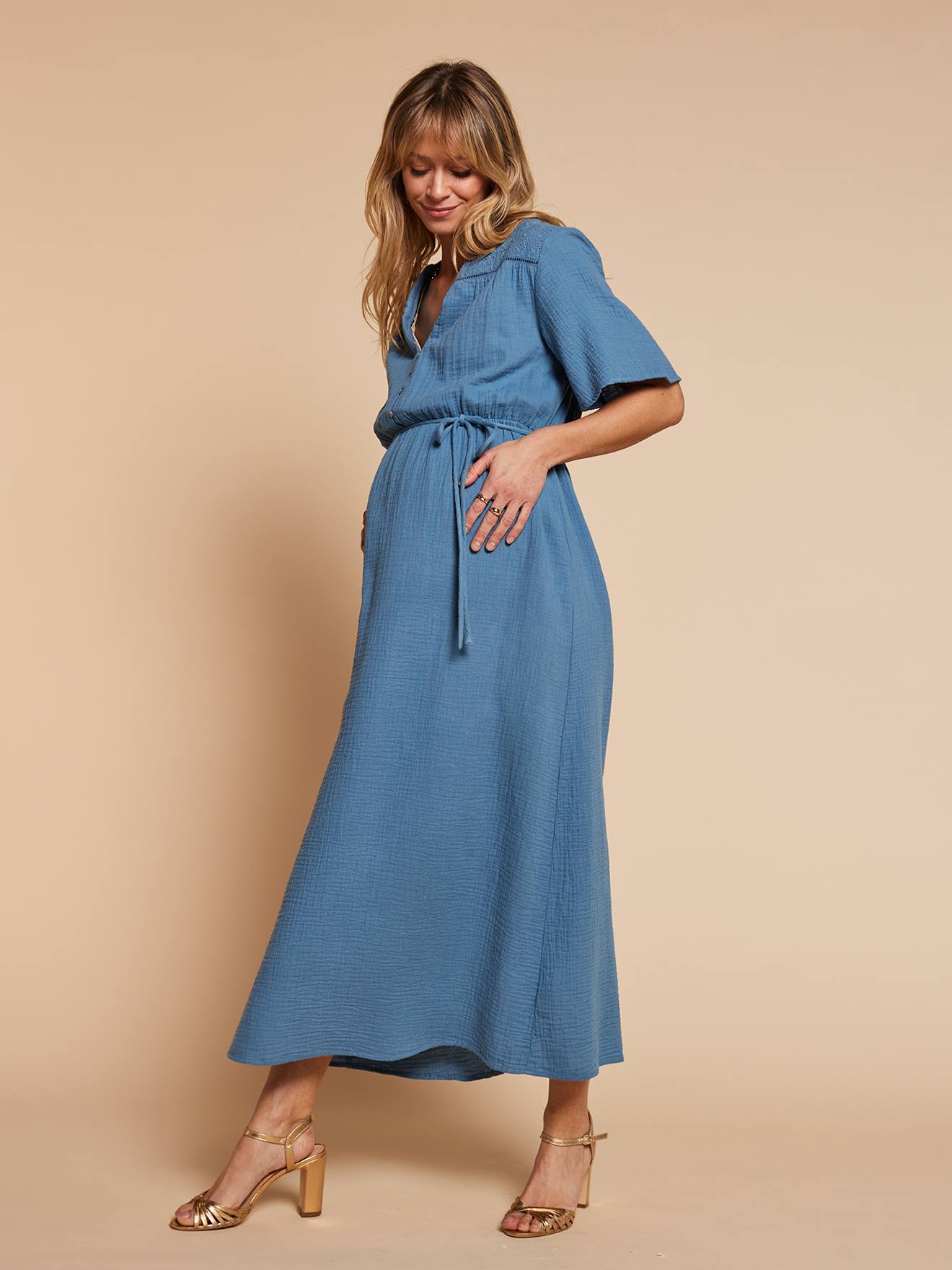 Long nursing clothes dress denim blue