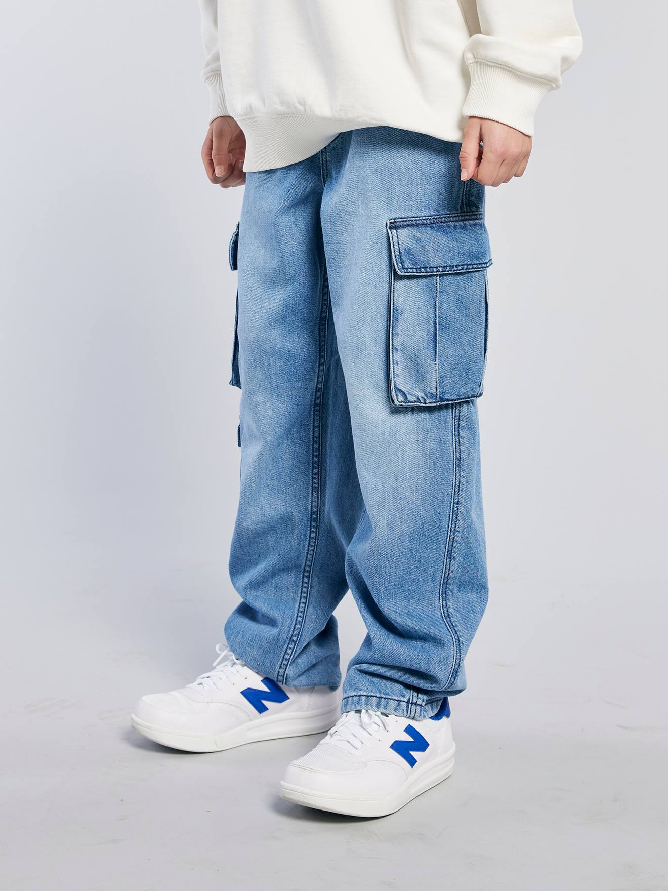 Loose fit denim battle trousers for boys bleached denim
