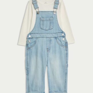 M&S 2pc Pure Cotton Denim Dungaree Outfit (0-3 Yrs) Light Denim