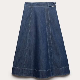 M&S Denim Belted Midi Circle Skirt Denim