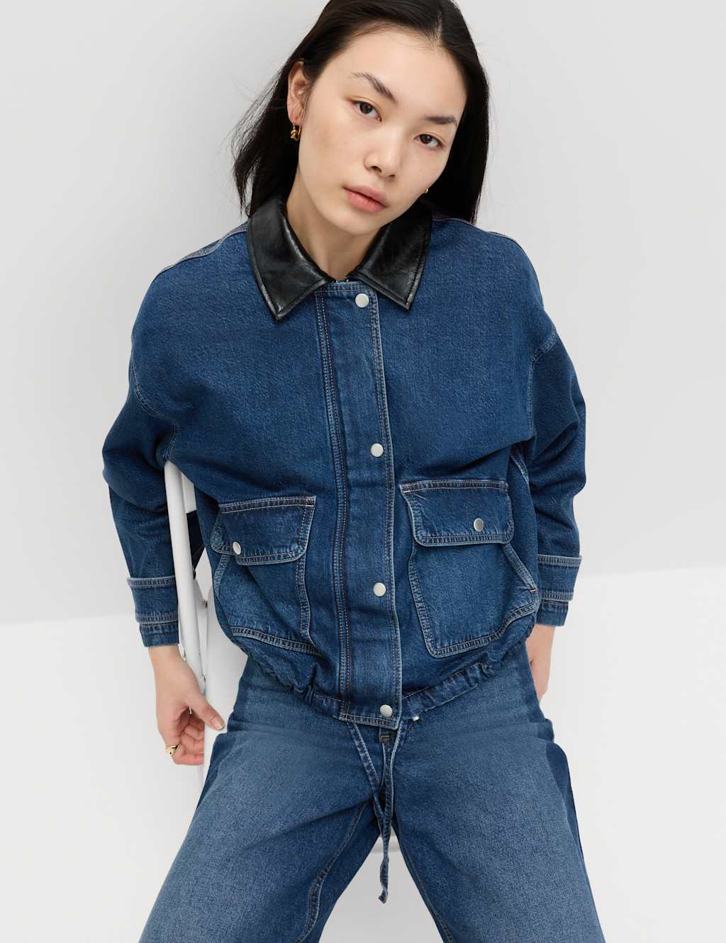 M&S Denim Relaxed Bomber Jacket Medium Indigo