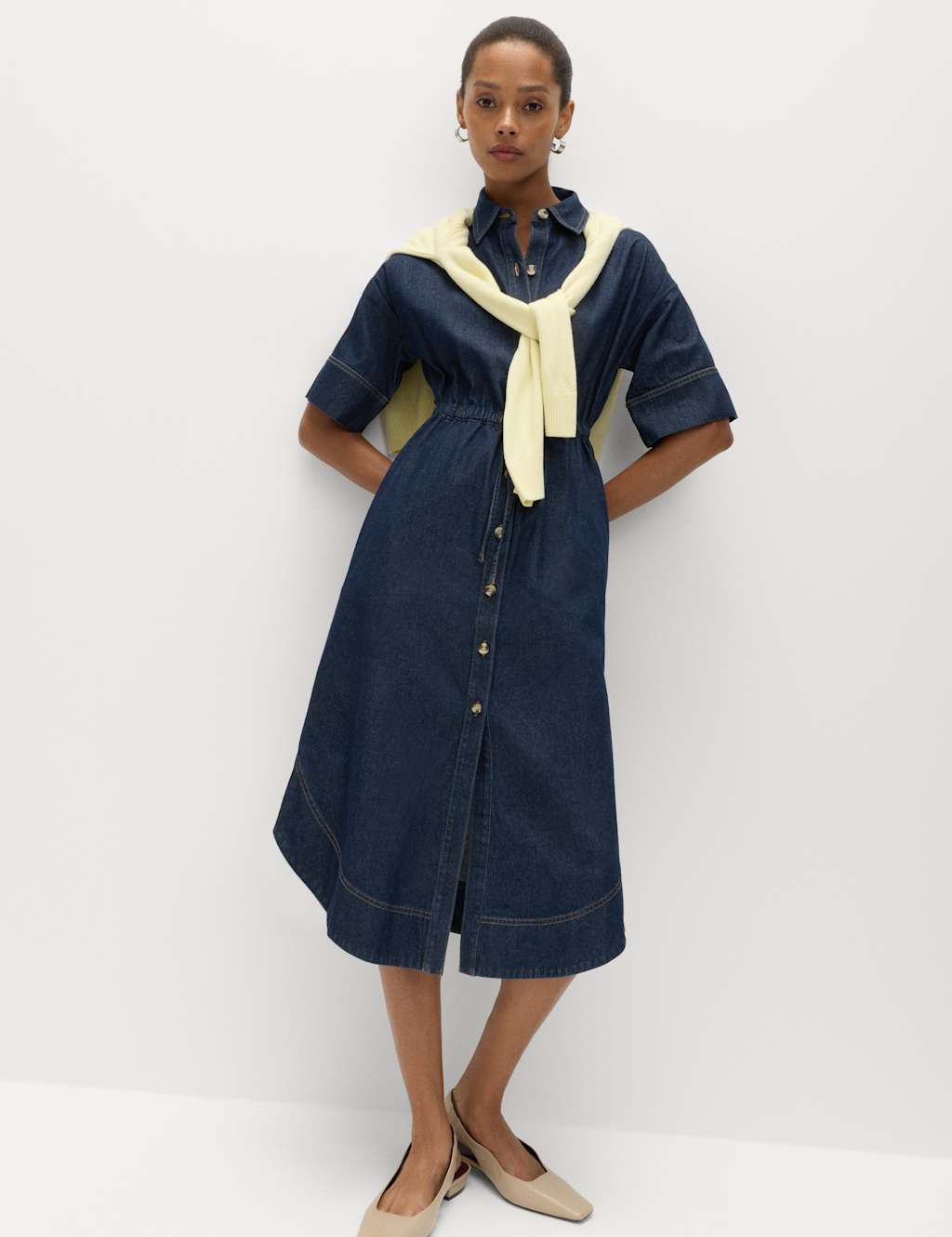 M&S Pure Cotton Denim Midi Shirt Dress Denim