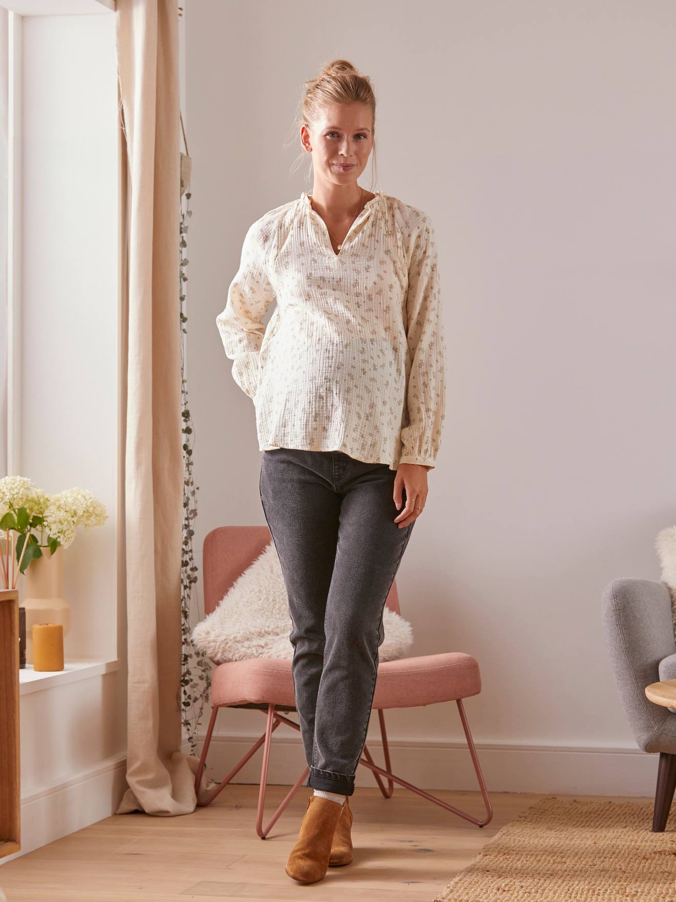 Maternity Jeans with Seamless Belly-Wrap grey medium solid