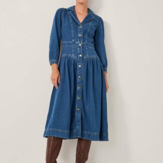 Monsoon Denim Collared Button Through Midi Waisted Dress Blue Denim