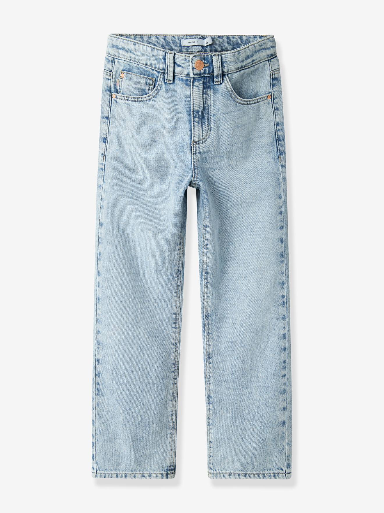 NAME IT girls' high-waisted straight leg jeans bleached denim