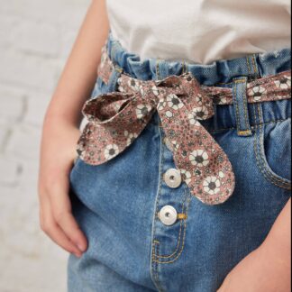 Paperbag Jeans + Floral Belt, for Girls blue dark wasched