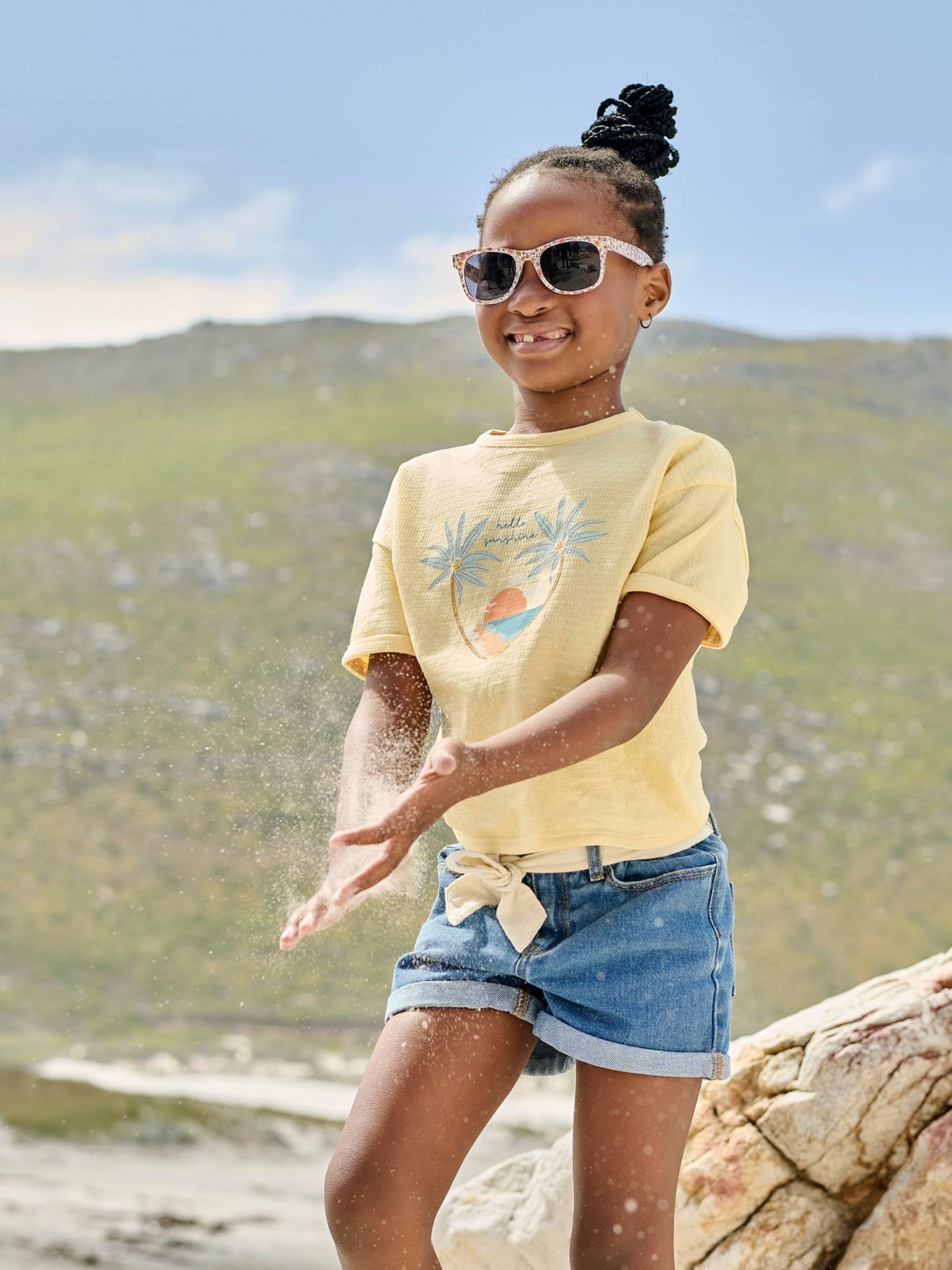 Paperbag-Style Denim Shorts for Girls stone