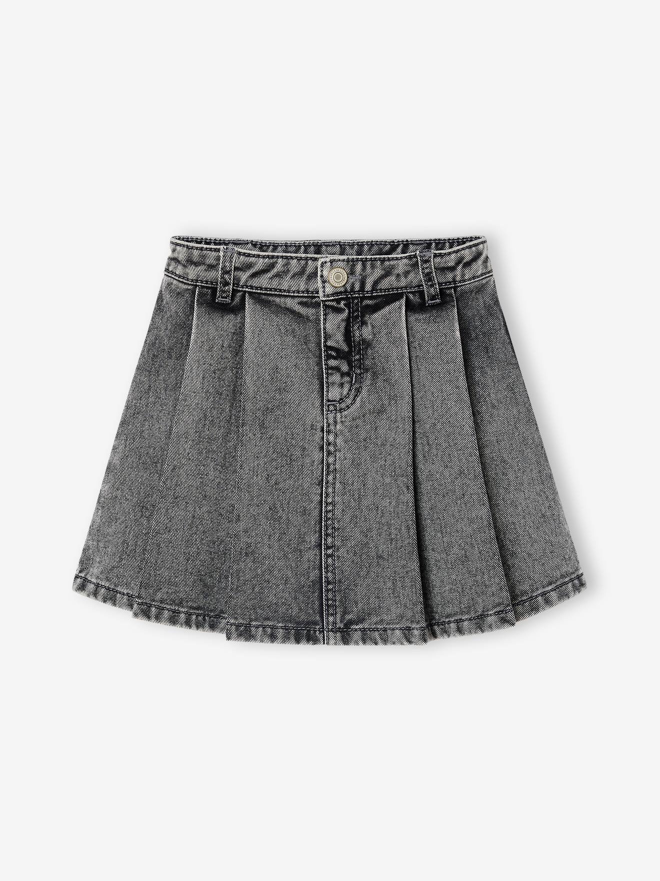 Pleated Denim Skirt, for Girls denim grey