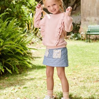 Quilted Denim Skirt, Floral Print Pockets, for Girls double stone