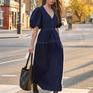 RO&ZO Cotton Rich Denim Puff Sleeve Maxi Dress Blue Denim