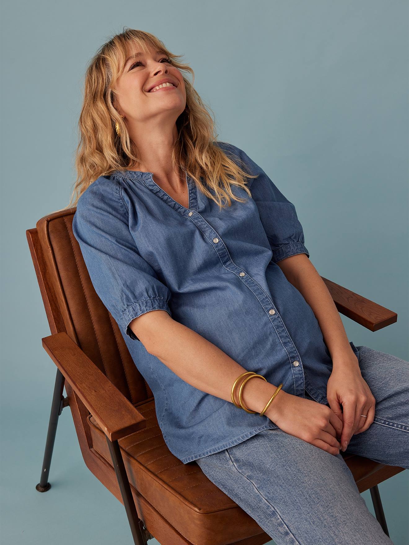 Short Sleeve Blouse for Pregnancy in Lightweight Denim by ENVIE DE FRAISE double stone