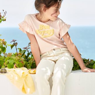 Short Sleeve T-Shirt with Message in Puff Ink & Ruffles, for Girls pale pink
