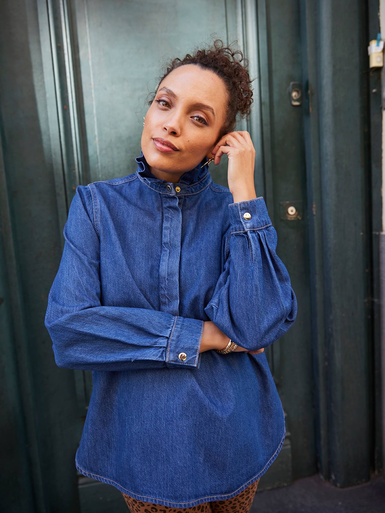 Smock-Style Denim Blouse for Women, Family Capsule Collection double stone