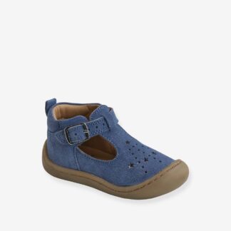 Soft Leather Pram Shoes for Babies, Designed for Crawling denim blue