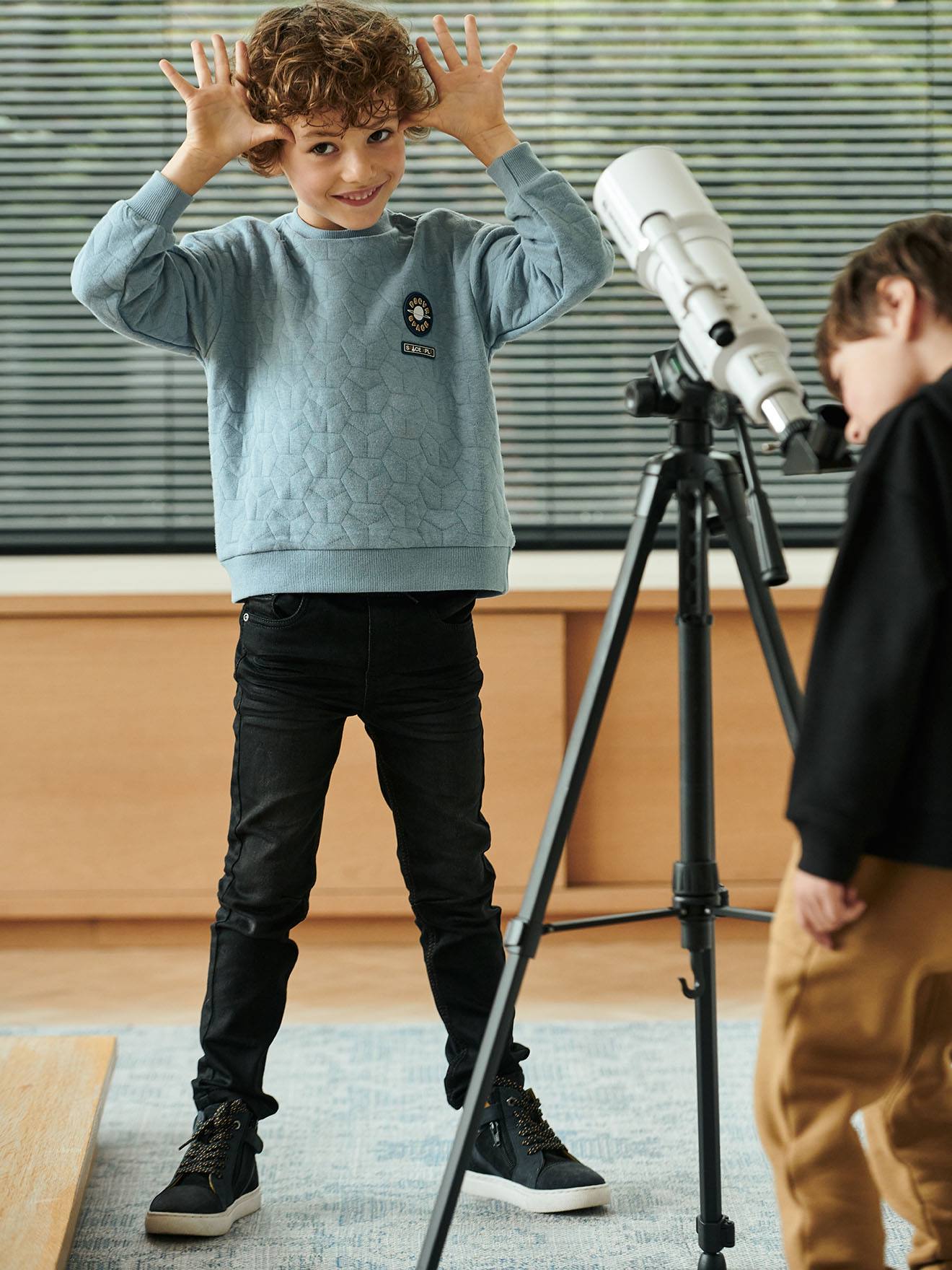 Straight Cut Denim-Effect Fleece Trousers, for Boys black dark solid
