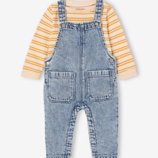 Striped T-shirt and denim dungarees set for babies double stone