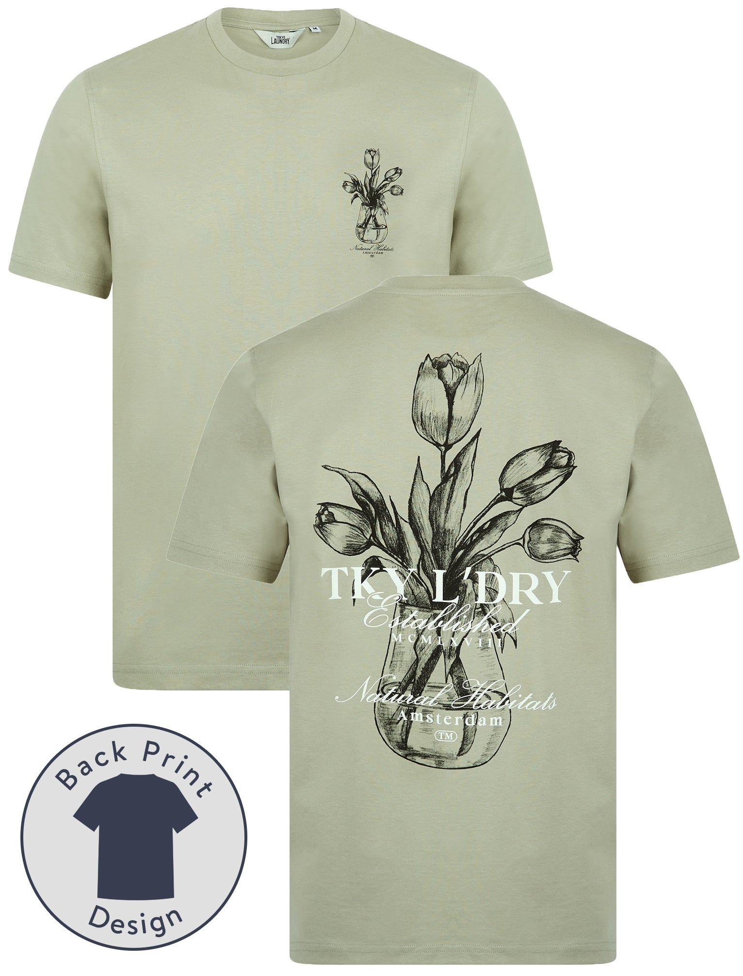 T-Shirts Tassos Vintage Retro Reverse Graphic Print Cotton Jersey T-Shirt in Seagrass / S - Tokyo Laundry