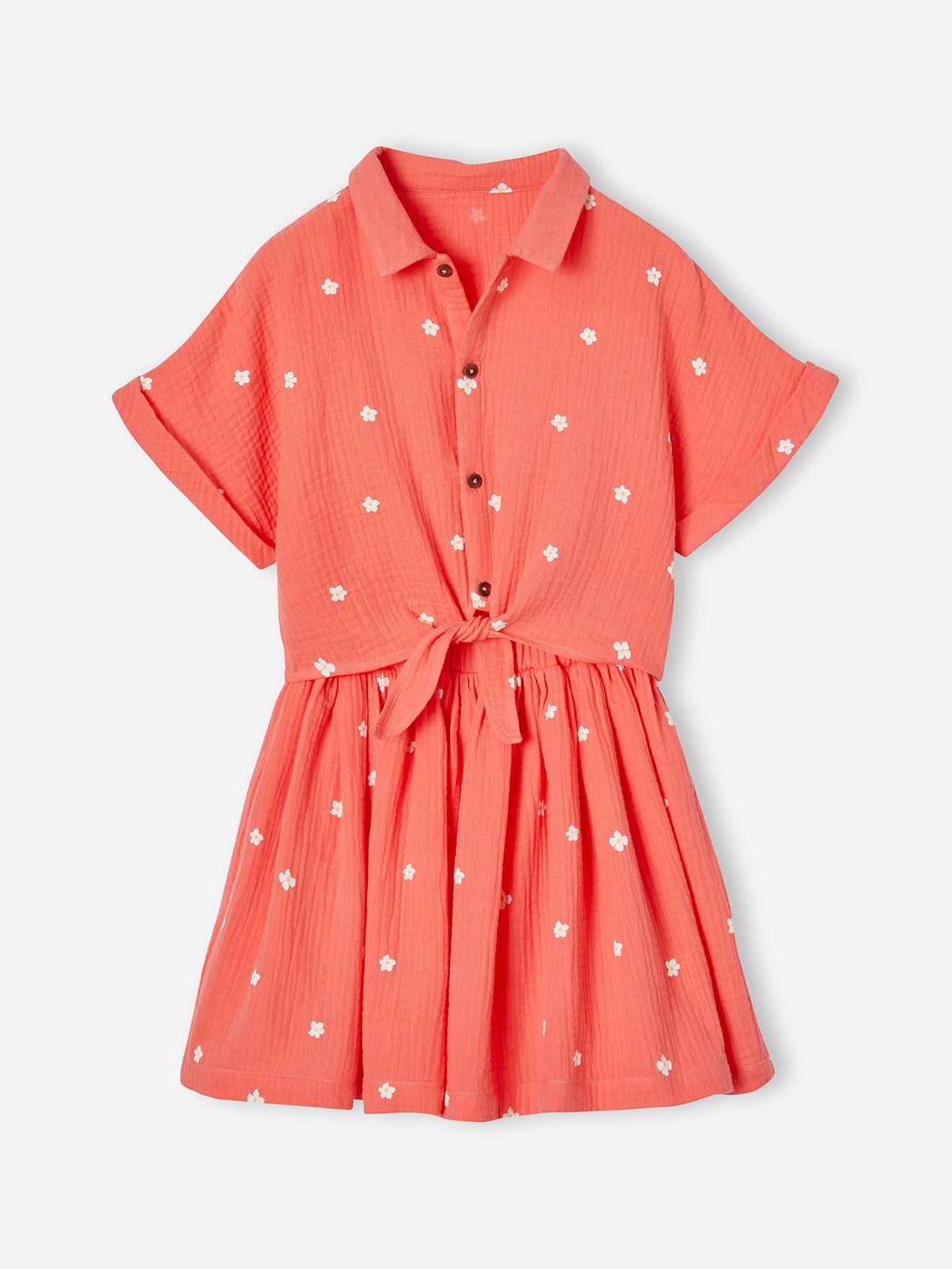 Tie-front blouse and skirt set for girls coral