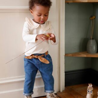 Trousers with Fabric Belt for Babies blue medium solid with design