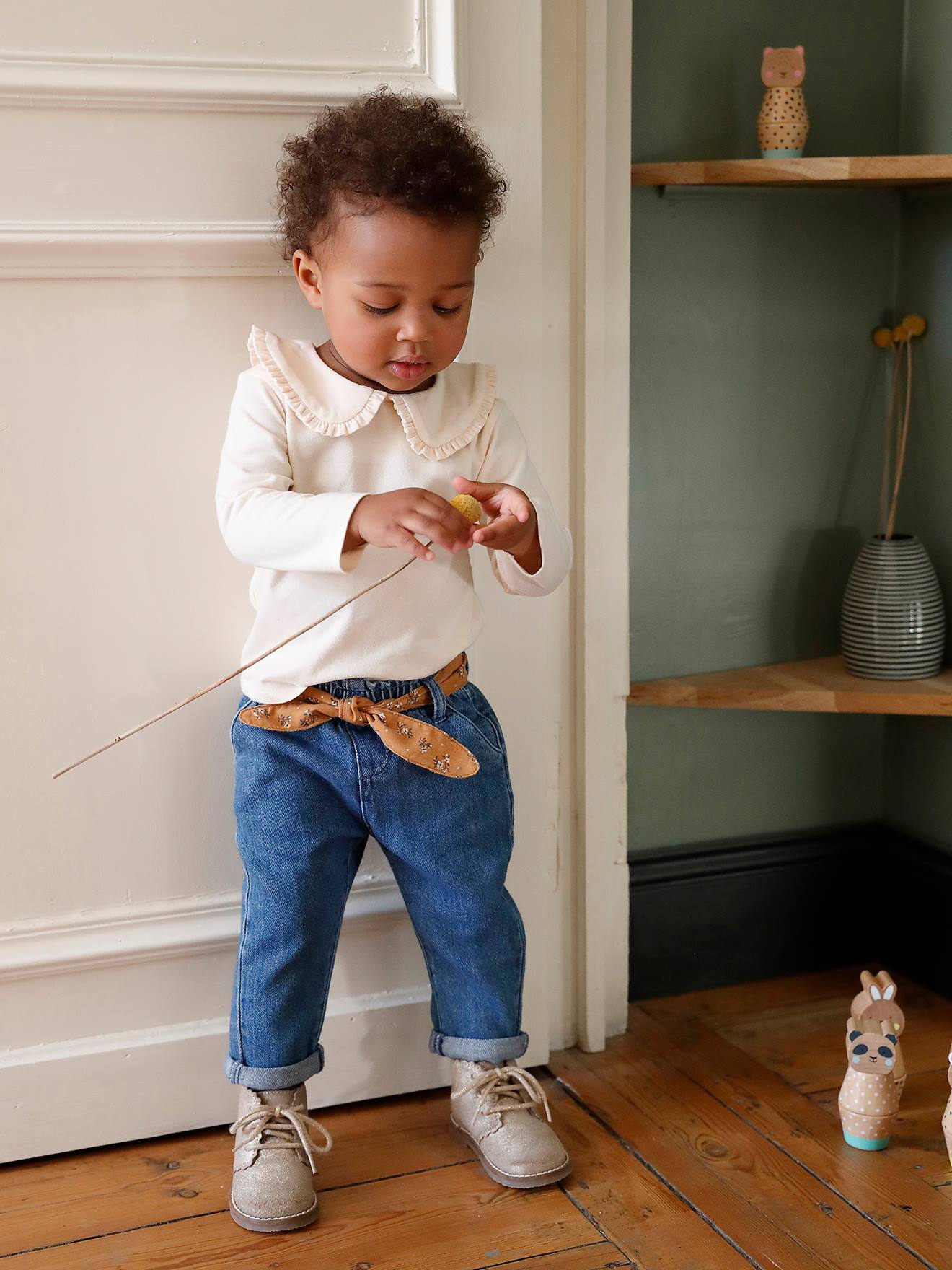 Trousers with Fabric Belt for Babies blue medium solid with design