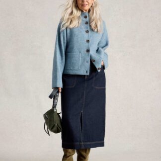 White Stuff Cotton Rich Denim Split Front Midi Skirt Dark Blue Denim