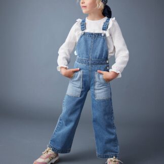 Wide Denim Dungarees with Contrasting Pockets, for Girls medium blue