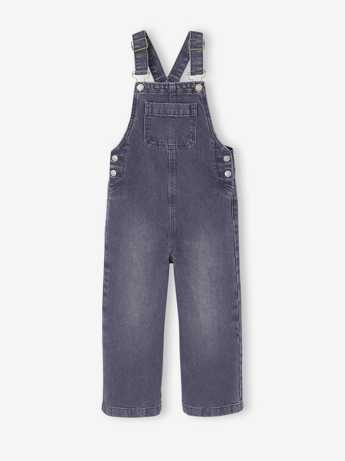 Wide-Leg Denim Dungarees for Girls black denim