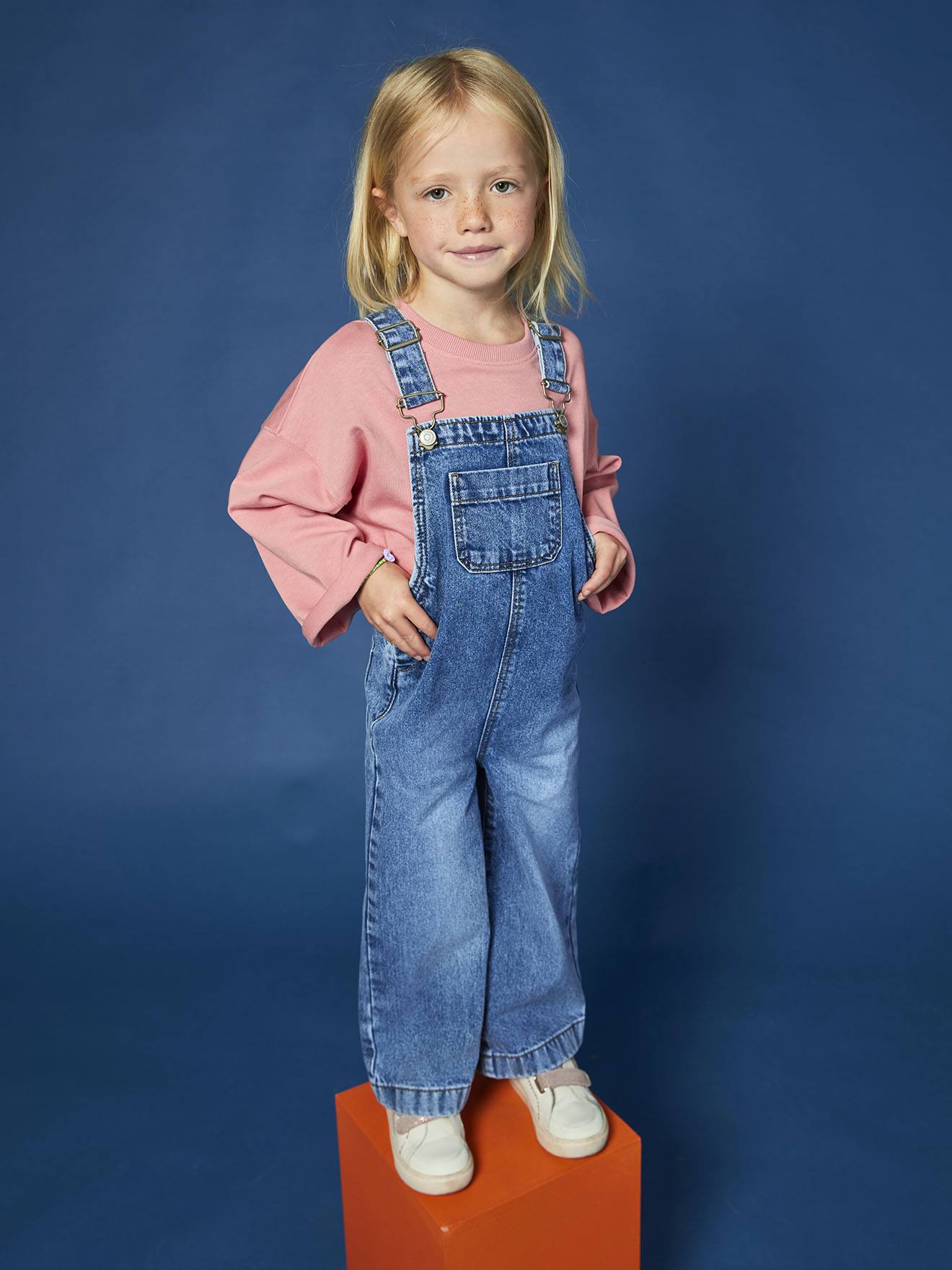 Wide-Leg Denim Dungarees for Girls stone