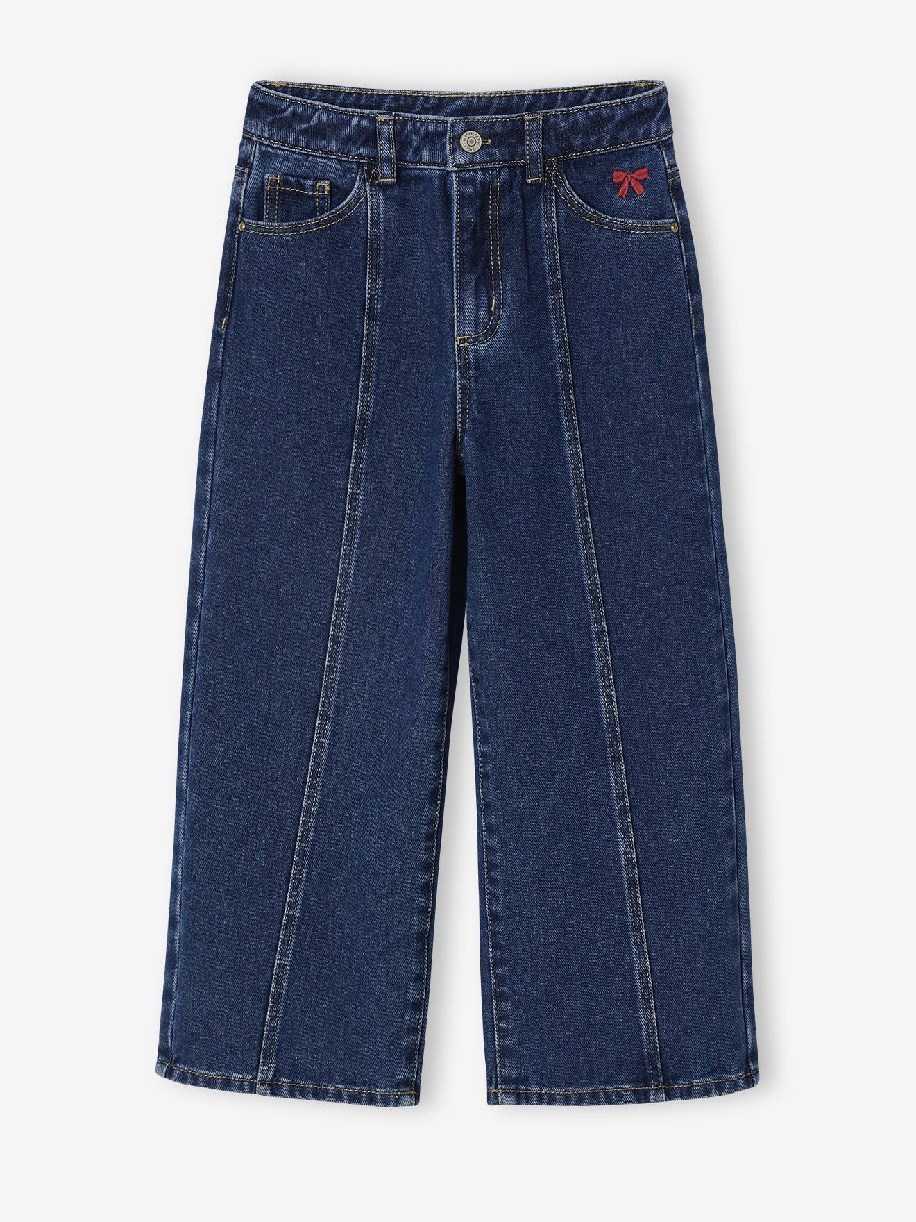 Wide Leg Jeans with Front Seam for Girls medium blue