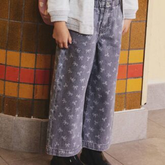 Wide-Leg Paperbag Jeans with Flower Motifs for Girls denim grey