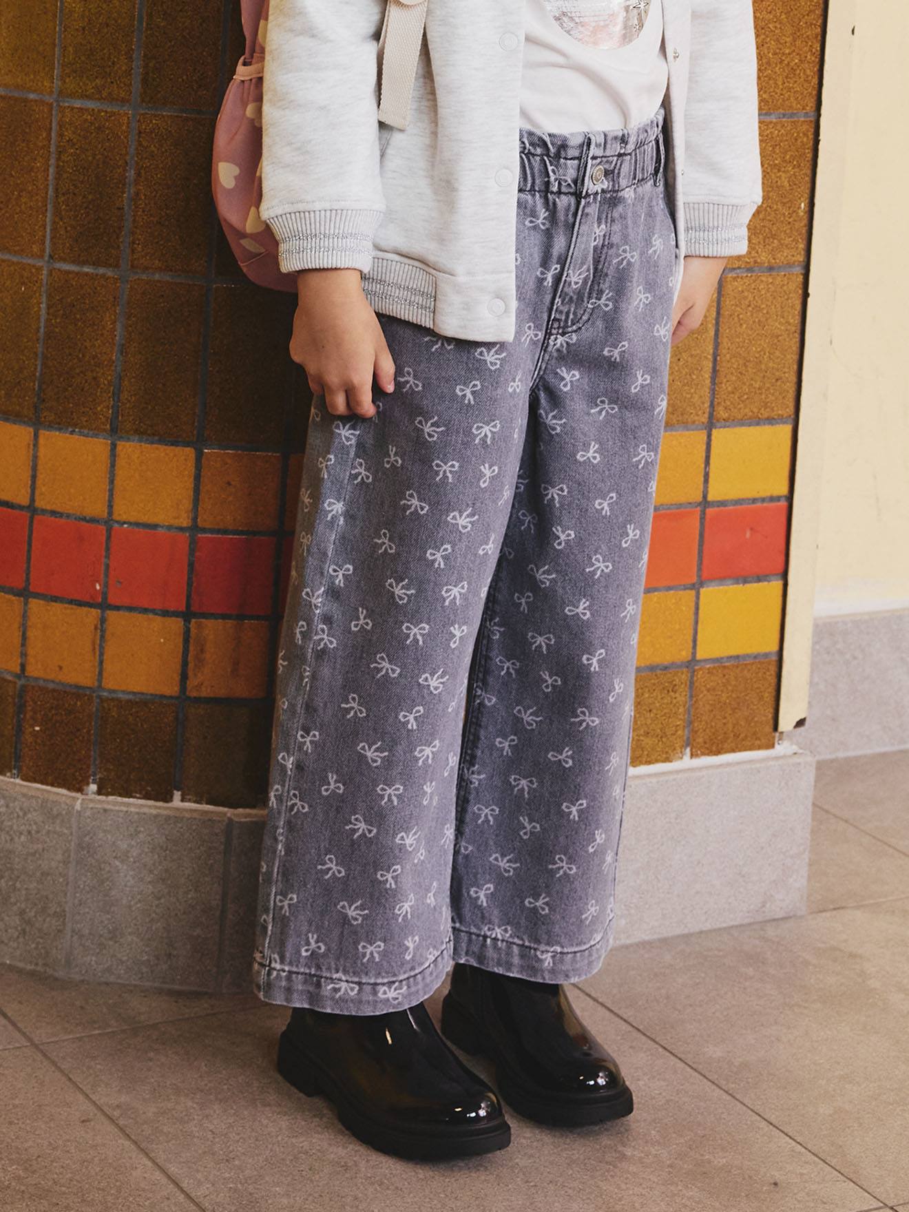 Wide-Leg Paperbag Jeans with Flower Motifs for Girls denim grey