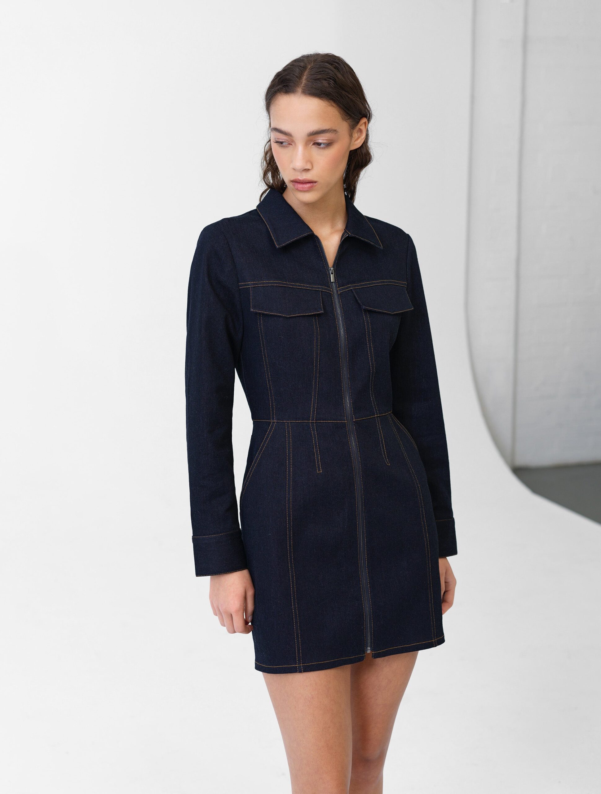 Yami Raw Wash Denim Zip Through Dress Raw Indigo