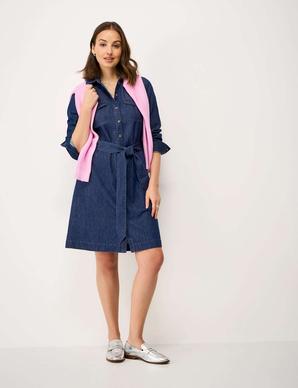 Crew Clothing Denim Belted Knee Length Shirt Dress Indigo
