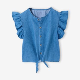 Denim blouse with frill sleeves for girls light blue