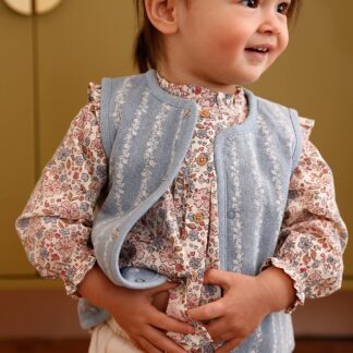 Denim flower sleeveless cardigan for babies stone