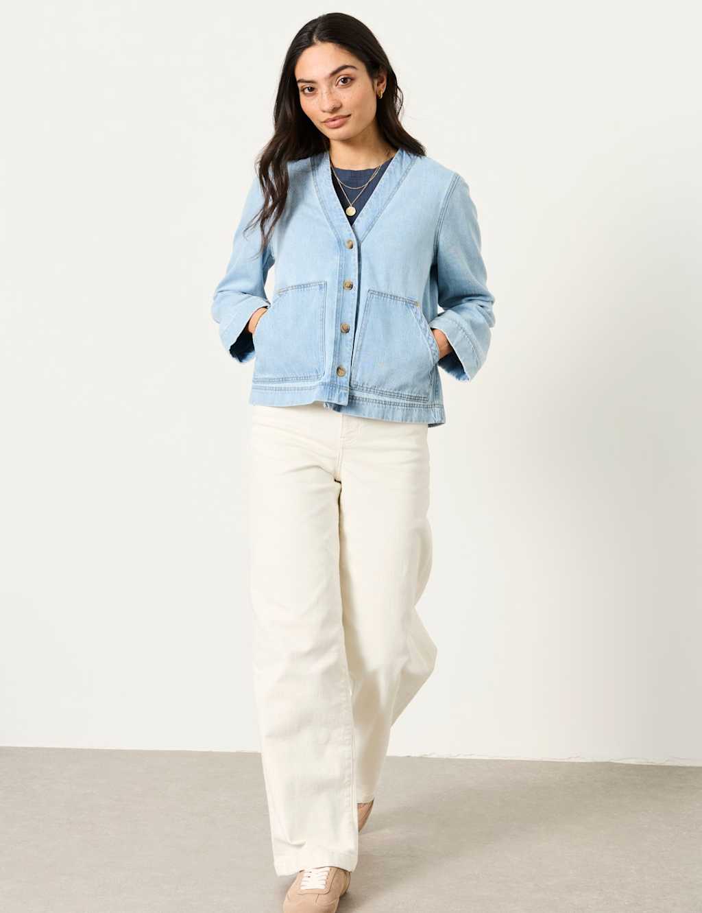 FatFace Pure Cotton Denim V-Neck Jacket Blue