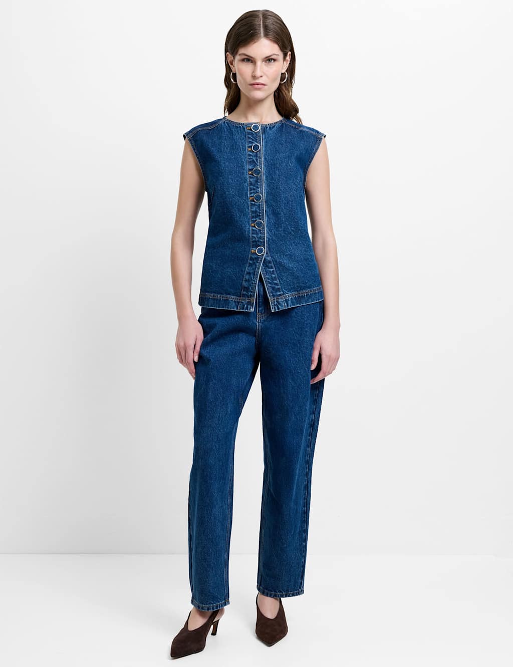 French Connection Pure Cotton Denim Button Through Top Blue Denim
