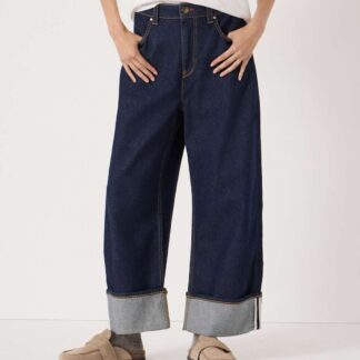 HUSH Mid Rise Barrel Leg Turn Up Jeans Blue Denim
