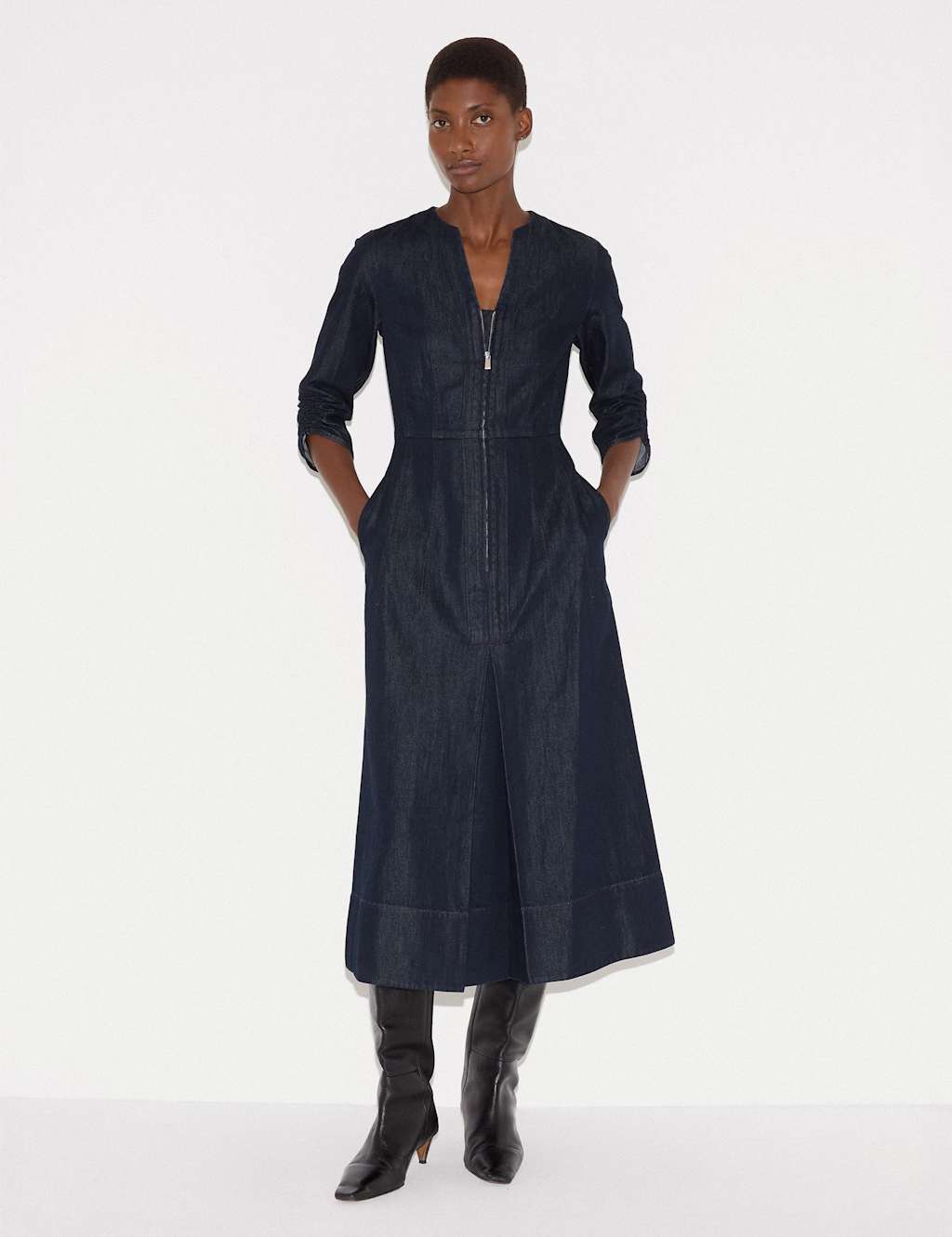 Jigsaw Pure Cotton Chambray Zip Front Midi Dress Denim