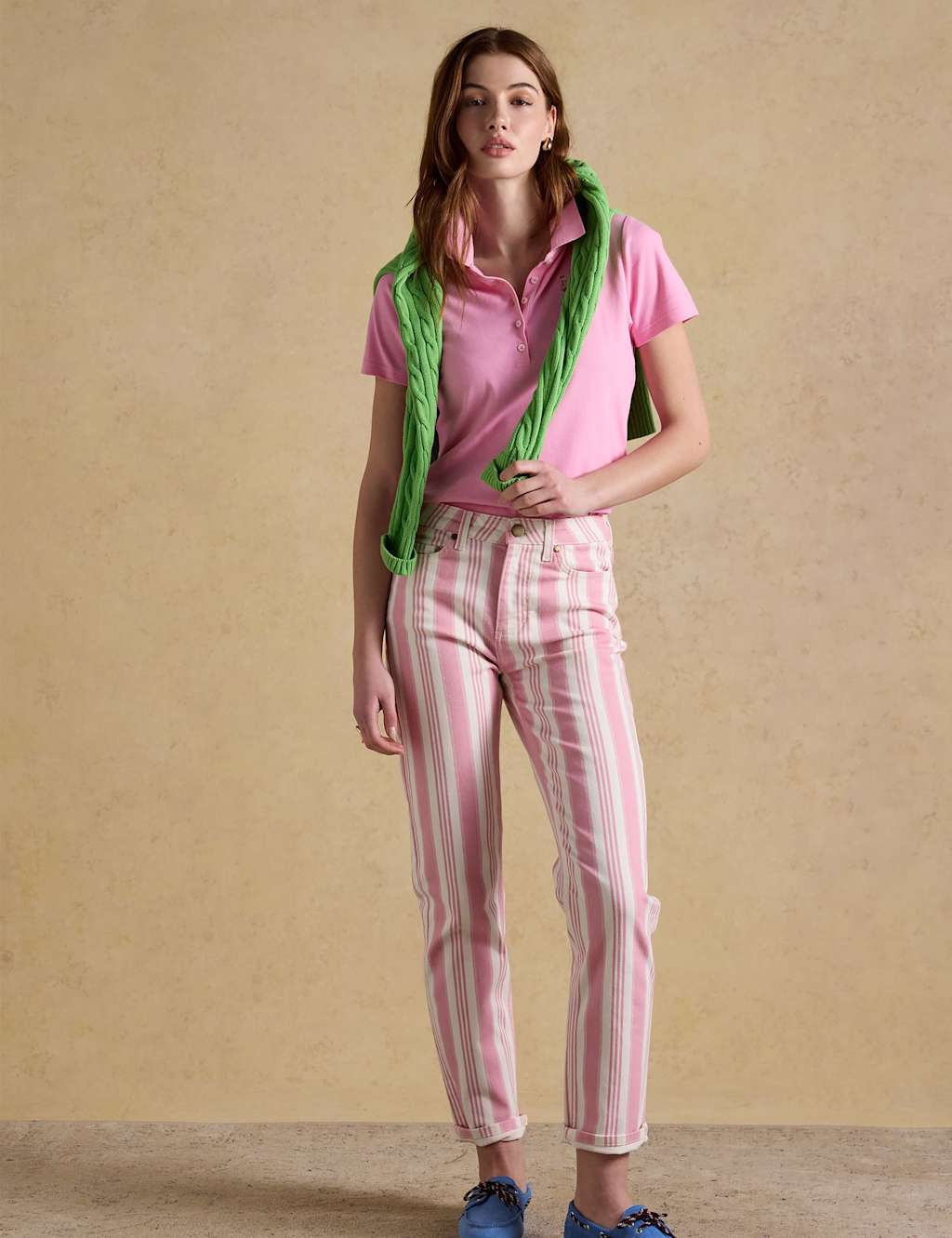 Joules Mid Rise Striped Slim Straight Leg Jeans Pink Mix