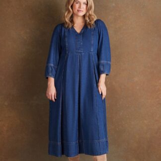 Live Unlimited London Pure Cotton Denim V-Neck Midaxi Dress Blue Denim