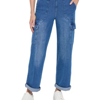 Lysse Scout High Rise Cuffed Cargo Jeans in Mid Wash