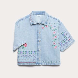 M&S Cross Stitch Floral Embroidered Denim Shirt (6-16 Yrs) Denim