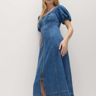 M&S Denim Puff Sleeve Midi Waisted Dress Denim
