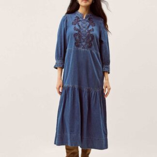 Monsoon Denim Embroidered Midi Tiered Dress Blue