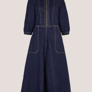 Monsoon Denim Zip Front Midi Skater Dress Indigo
